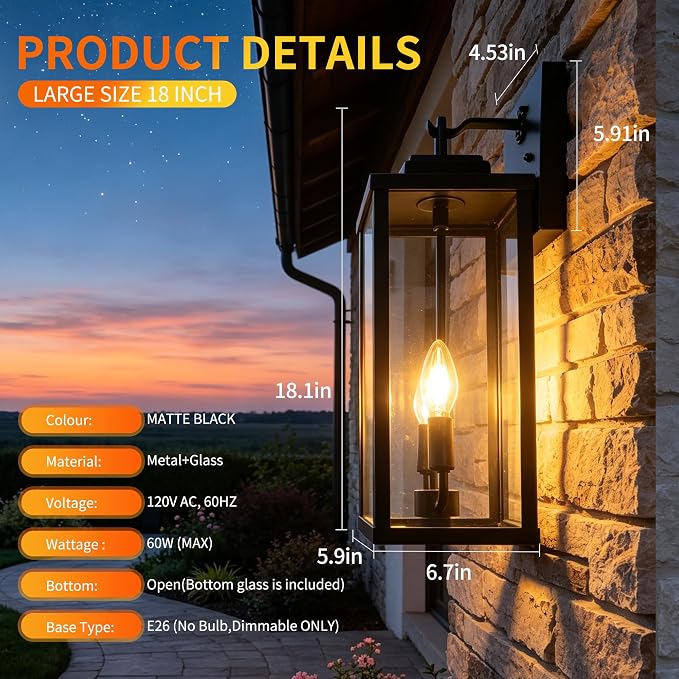 18 Inch Motion Sensor Dawn to Dusk Outdoor Sensor Light Fixture Anti-Rust Exterior Wall Lighting Waterproof Outdoor Wall Lantern for Porch Patio Front Door Garage - 2 Pack