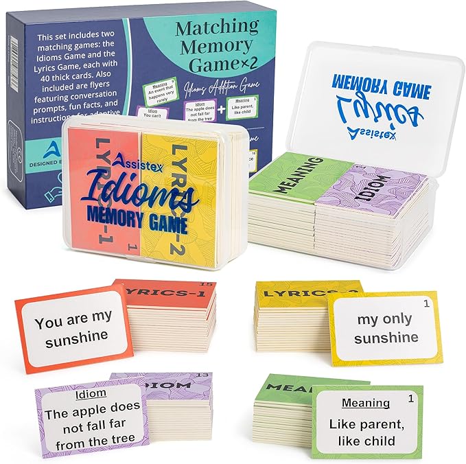 Assistex 2 in 1 Matching Memory Card Games for Seniors - Brain Game for Dementia Patients - Adult Memory Game for Seniors - Lyric and Idiom Cards for Alzheimer and Dementia Patients, 40 Cards Each
