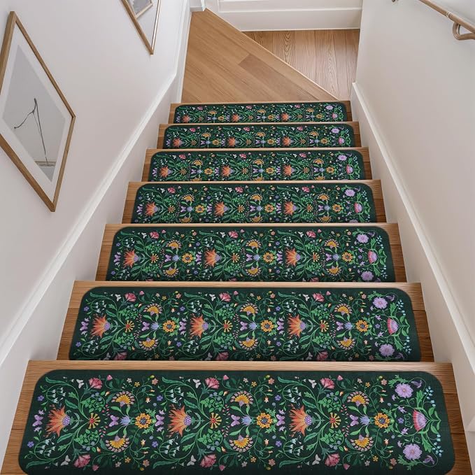 OJIA Stair Treads Non Slip Stair Runner for Wooden Steps Indoor 15PC 8"x30" | Rubber Backing Floral Carpet Stair Treads for Wood Stairs Staircase Step Treads for Kids & Dogs, Stair Covers, Green