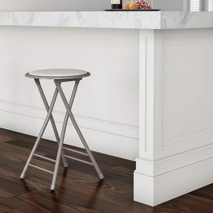 Lavish Home Folding Stool with Padded Backless Seat, White, 24 Inch | Counter Height Bar Stools with 225lb Capacity, Portable Indoor & Outdoor, Extra Seat for Kitchen, Rec Room or Camping