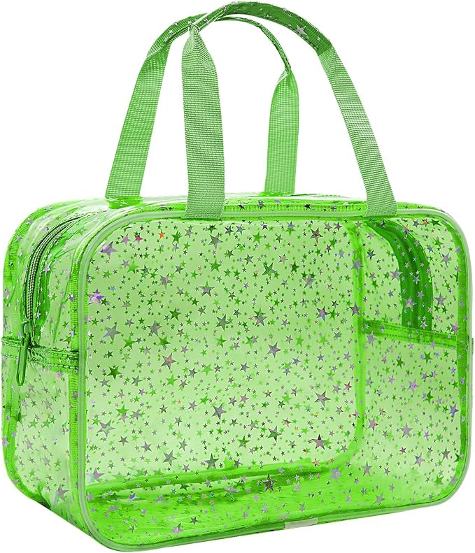 Large Clear Makeup Bag 12x5x8 Green Star Pattern - Waterproof PVC Travel Cosmetic Organizer with Handle, Durable Transparent Toiletry Case for Women Girls Travel Gym Beach Storage