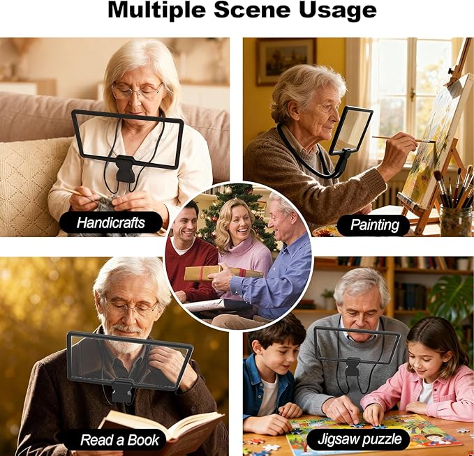 5X Large Rectangle Reading Magnifier, 10in x 6in Handheld or Neckheld Magnifying Glass Scratch Resistant Glass Lens Seniors Reading, Hobbies, Repair, Observation(Black)