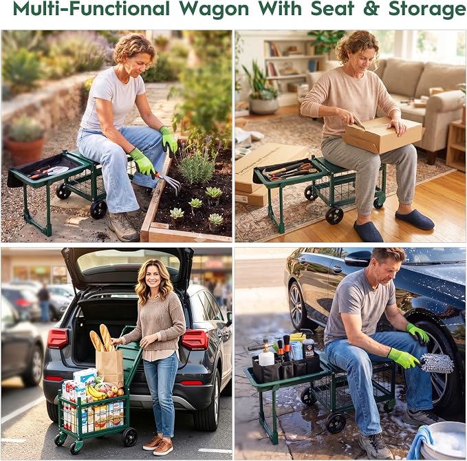 Rolling Garden Cart with Seat, Metal Garden Work Seat with 360° Swivel Wheels, Storage Basket, Workbench, and Tool Bag, Upgraded Heavy Duty Gardening Wagon and Stool for Seniors