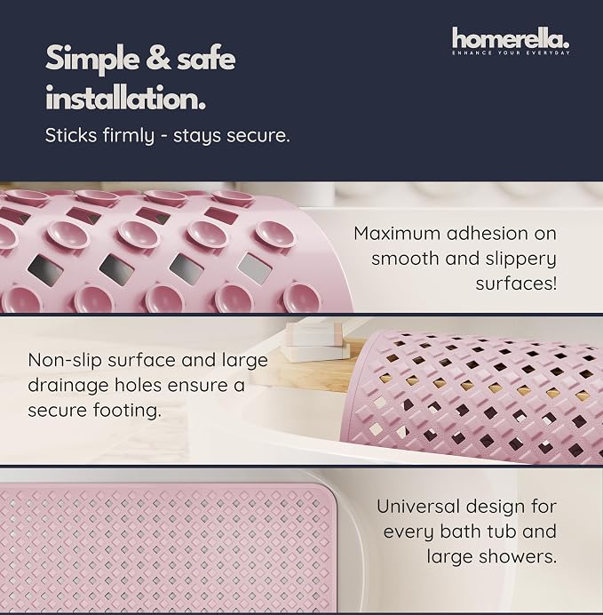 Bathtub Mat Non Slip 28x16 - homerella® Bath Mat Incl. Hooks for Drying, 100% BPA Free, Shower Mat Non Slip Anti Mold, Machine Washable, Shower Mats for Inside Shower Mildew Resistant (Rose)