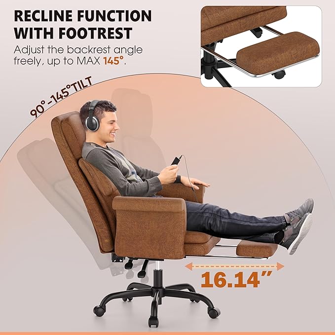 ELABEST C39 Cross Legged Office Chair with Footrest & Convertible Armrests-Pet-Friendly Criss Cross Home Desk Chair, Ergonomic Recliner with Lumbar Pillow,Big and Tall Executive Chair
