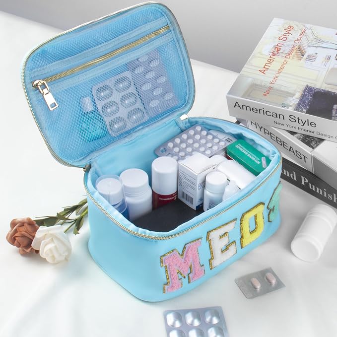 BuyCard Medicines Chenille Letter Bag Nylon Meds Makeup Pouch Preppy Path with Zipper and Handle Cosmetic Toiletry Storage Purse for Women Blue