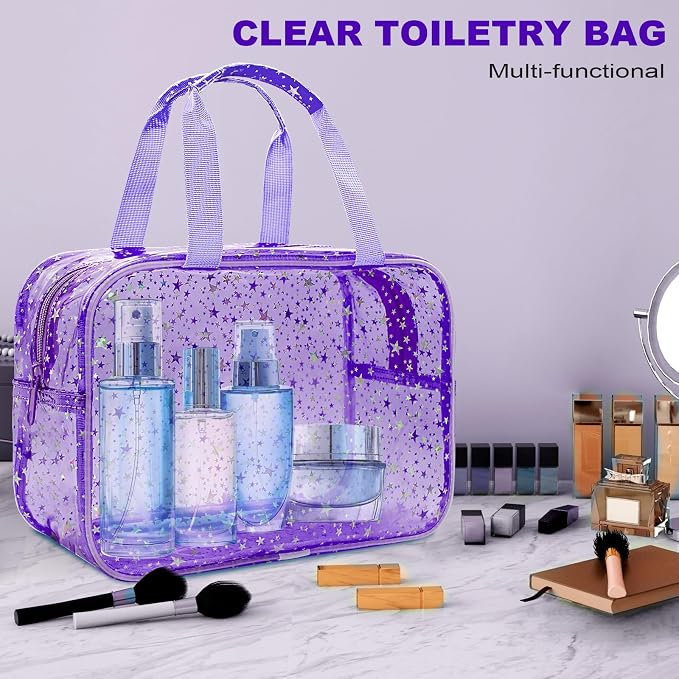 Clear Purple Star Large Makeup Bag with Star Pattern 12x5x8 inch, Travel Cosmetic Bag with Handle, Durable PVC Material Washbag Zipper Opening Design for Makeup Travel Organizer or Gym Use