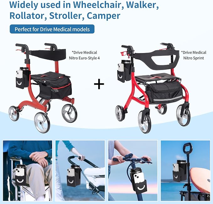 Wheelchair Cup Holder with Phone Holder for Walker, Wheelchair | Cup and Phone Holder Compatible with Drive Medical Nitro Rollator, Safe and Steady, Easy installation