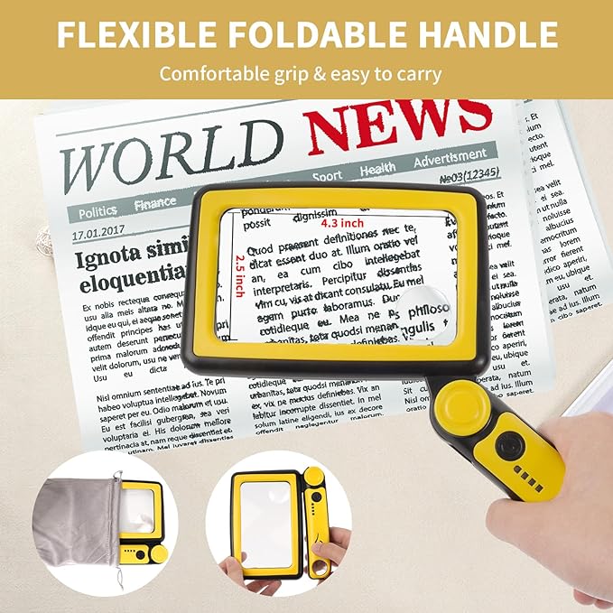 Magnifying Glass with Light, 5X 10X 45X Rechargeable Magnifier with 20 LED, 3 Light Modes Folding Lighted Magnifying Glass Handheld for Seniors Low Vision Reading (Yellow & Black)