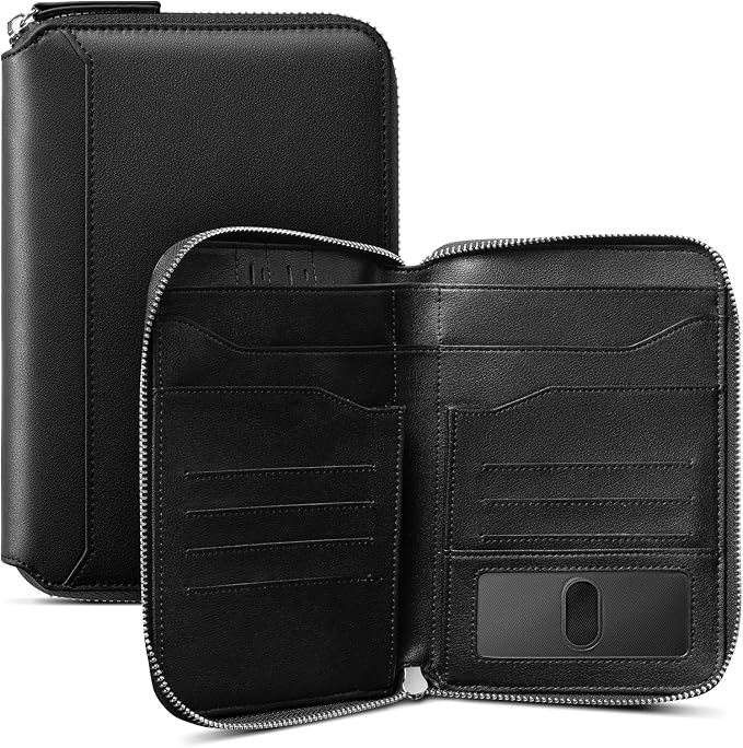 VULKIT Leather Passport Holder for 4-8 Passports Family RFID Blocking Passport Wallet with Zipper Travel Documents Organizer for Men or Women (Black)