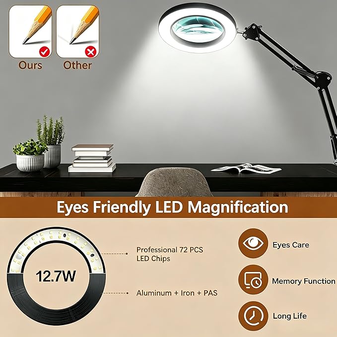 10X Magnifying Glass with Light and Clamp, Magnifier with Light Hands Free3 Color Modes Stepless Dimmable, 72 LEDs Real Glass Lens Magnifying Lamp for Close Work, Repair, Reading, Craft