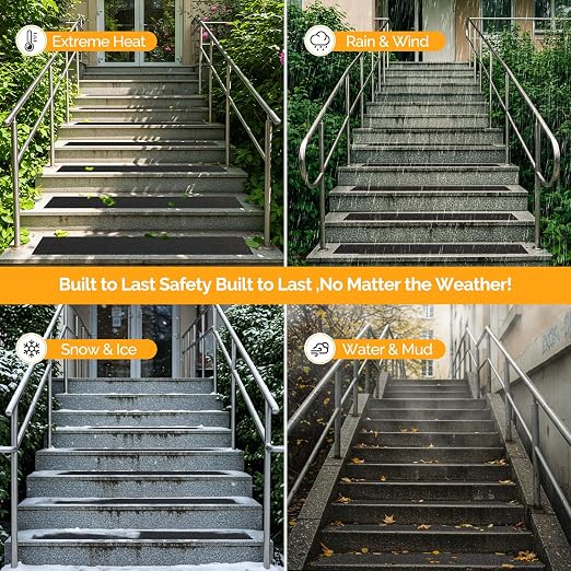 Outdoor Stair Treads for Wooden Steps Non Slip, KOOTETA 8 Pack 30" x 6"Anti Slip Strips Adhesive for Stair, Waterproof Weather Resistant Exterior Grip Tape 80-Grit Non Skid Traction Stair Treads,Black