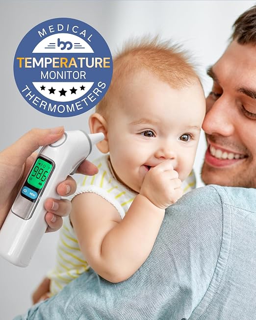 Femometer Family Ear Thermometer for Adults and Kids, White | 1s Fast Accurate Reading, 30-Memory Recall, 3-Color Fever Alert, ℃/℉ Switchable, Silent Mode, with 24 Disposable Probe Covers