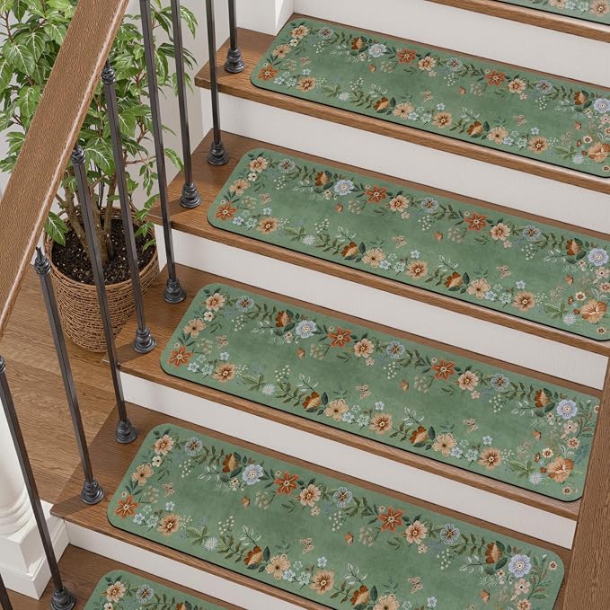 OJIA Green Stair Treads Non-Slip Stair Runner for Wooden Steps 15PC 30"x8" | Indoor Stair Mats Carpet Stair Treads Staircase Step Treads for Kids, Elders and Dogs, Floral Stair Covers