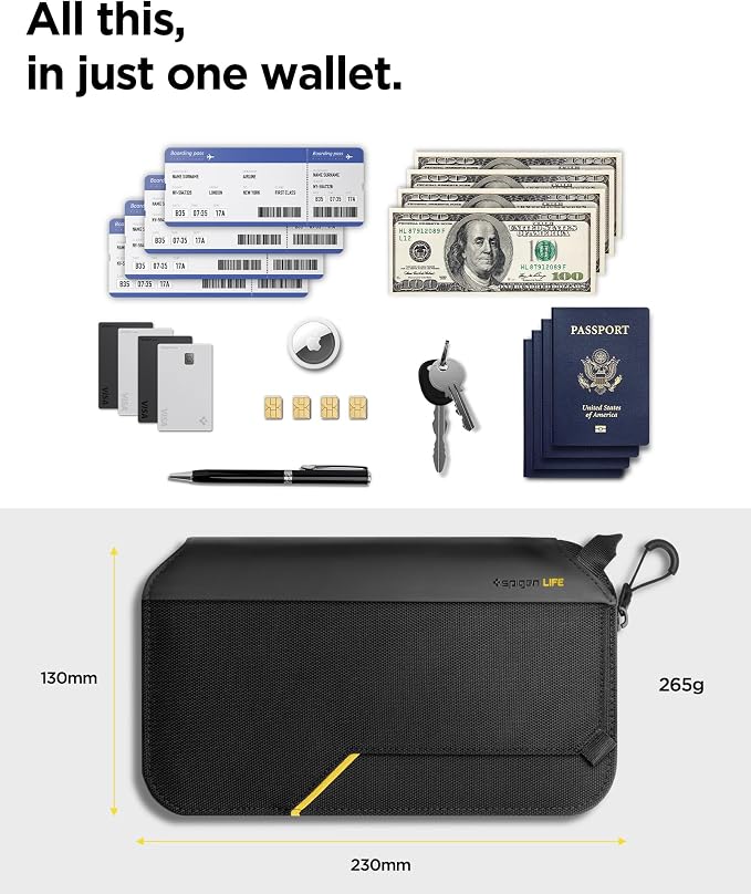 Spigen Life Passport Card Cover Holder, RFID Blocking | Travel Document Organizer, SIM Card Pin Included - Black