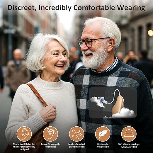 Hearing Aids Rechargeable Hearing Aids for Seniors with Moderate Hearing Loss, Hearing Amplifiers for Seniors with Noise Cancellation and Volume Control, Clear Sound Hearing Amplifiers, Beige