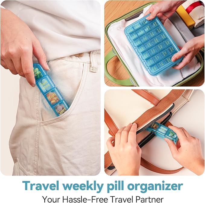 Zoksi Pill Organizer 4 Times a Day, 7 Day Pill Box with Removable Daily Cases, Large Medicine Organizer for Pills, Vitamins and Supplements, Easy Open 180 Degree Lids, Travel Pill Case