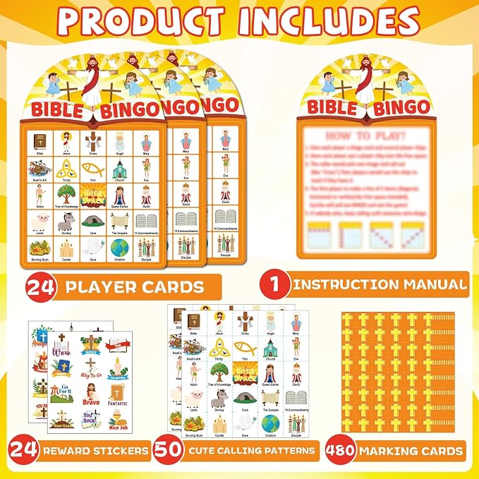 39 Pcs Bible Theme Bingo Game for Adults 24 Players Christian Party Bingo Game Cards with Reward Stickers for Family Friends Large Group Gathering Christian Sunday School Church Open Day Favors