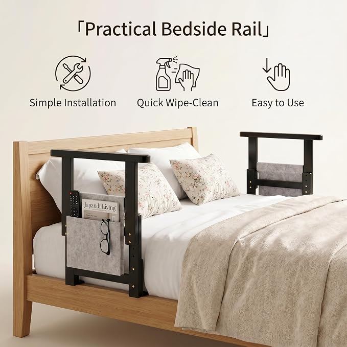 Bamboo Bed Assist Rail for Seniors Adjustable Grab Bar 300lbs Black | Non-Slip Handle, Storage Pocket, Fits 4–12 inch Mattresses, Fits Twin, Full, Queen & King Beds