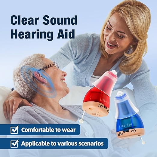 Hearing Aids, Rechargeable Hearing Aids for Seniors Adults with Noise Cancellation,A Pair Completely-in-Canal (CIC) Invisible OTC Hearing Amplifier, Red Blue