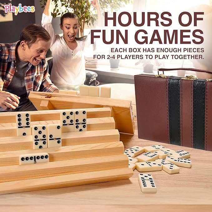 Playbees Jumbo Double Six Dominoes Set - 28 White Classic Tiles in Faux Leather Case - Fun Educational Toy for Kids, Boys, Girls, Classroom Kit, Classic Game Night Party Favors Set, Travel-Friendly
