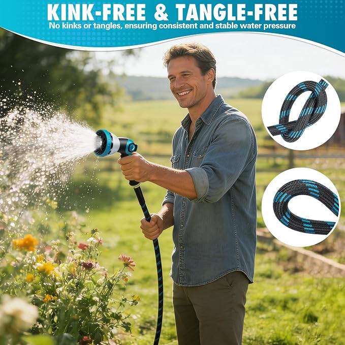 75FT Garden Hose, Non-Expandable Flexible Fabric Water Hose with 10-Function Spray Nozzle, Kink-Free & Lightweight Yard Hose with 3/4" Solid Brass Connectors for Lawn, Outdoor, RV & Marine Use
