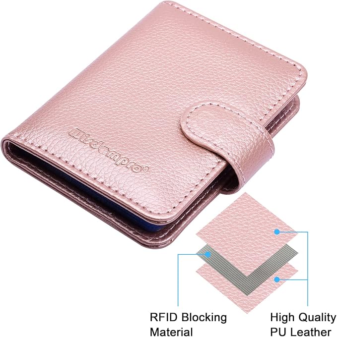 Wisdompro Credit Card Holder, RFID Blocking Wallet Debit Card Protector | Slim Leather Credit Card Organizer Case, Card Case with Magnetic Closure, 20 Card & 7 Memory Card Slots - Vertical Rose Gold