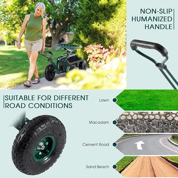 Garden Cart with Workseat Outdoor Gardening Carts with Seat, Heavy Duty Rolling Garden Stools Scooter with Handle and Storage for Seniors, Green
