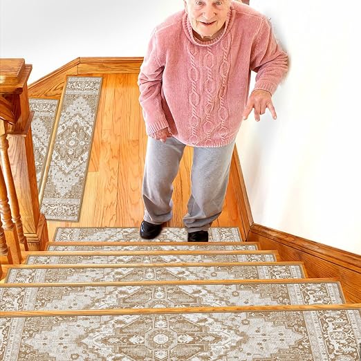 Stair Treads for Wooden Steps Indoor, 15 Pack 8" X 30" Non Slip Carpet Stair Treads with Reusable Adhesive for Kids Elders and Dogs, TPR Backing Stair Rugs Oriental Staircase Step Treads,Bohemia