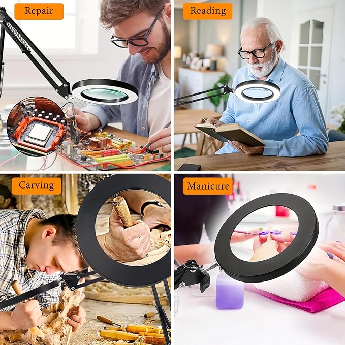 15X Magnifying Glass with Light – Real Glass Lens, 3 Color Modes & Adjustable Brightness – 2-in-1 Desk Lamp with Clamp & Heavy Base – Flexible Swing Arm – Ideal for Crafts, Reading, Repair, Seniors