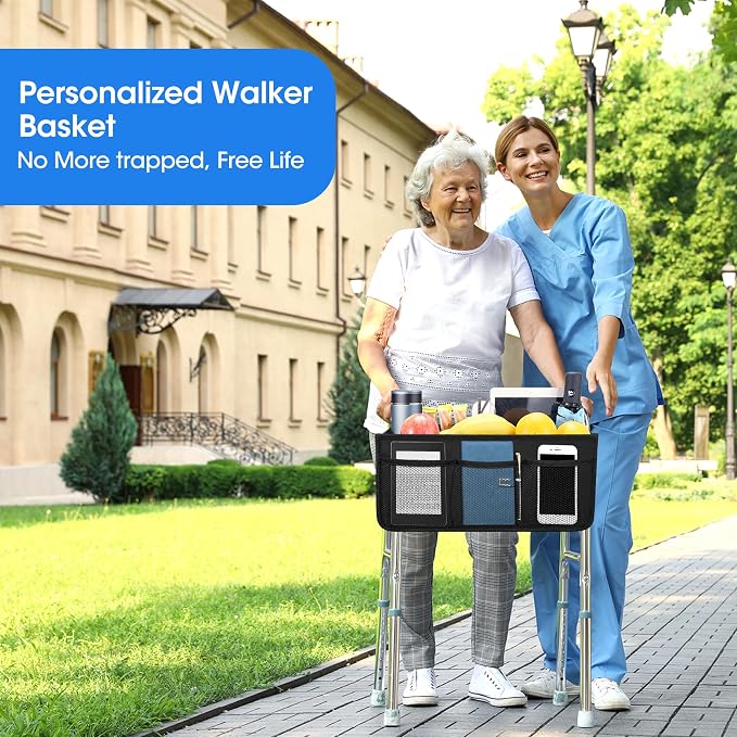 Dotday Upgraded Walker Basket with Cup Holder, Foldable Walker Bag | Basket for Walker for Senior, Walker Accessories for Folding Walker, Large Capacity, Never Tipping Over, Not Fit for Rollator