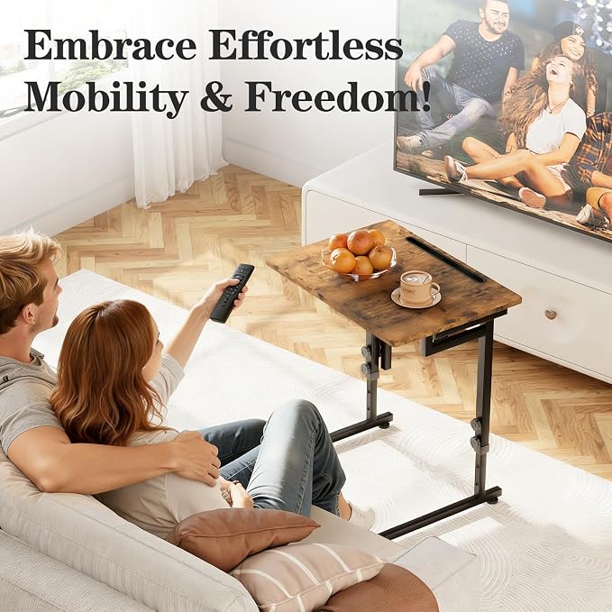Adjustable Folding TV Tray, C-Shaped Foldable Table for Couch, Brown | Heavy-duty steel frame, No assembly needed, Height adjustable, Folds flat for storage, For Small Space, Living room