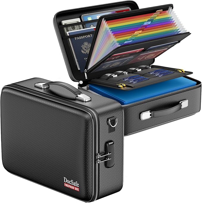 DocSafe Fireproof Document Box Hard Case with Lock ＆ Accordion File Folder | Fire and Water Resistant Safe Box,File Organizer,Multi-Pocket,Home Office Travel Storage for Important Document,Laptop,Black