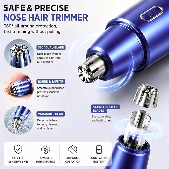 5-in-1 Rechargeable Nose & Ear Hair Trimmer - IPX7 Waterproof Dual Edge Grooming Kit for Men & Women, Perfect for Hair Removal of Nose, Eyebrows, Body, Facial Hair, Sapphire Blue