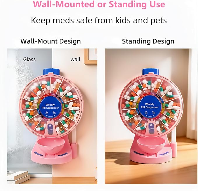 Pink Pill Organizer with No-Flip Design for Women to Take Daily Vitamins | One-Touch Button Pill Container with Med Cup & Tweezers for Medicine Hygienic, Free-Standing or Wall-Mounted for Medicine