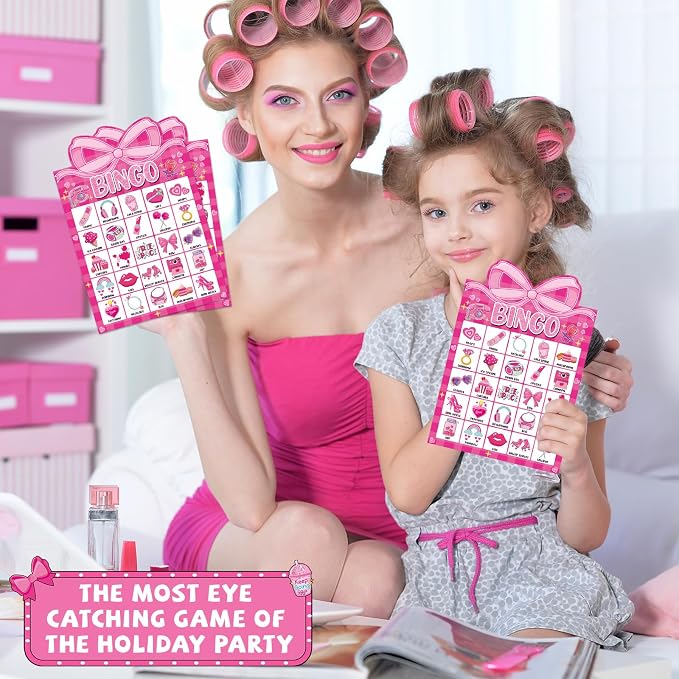 39 Pcs Pink Bow Party Bingo Game for Adults Kids 24 Players Pink Girls Party Bingo Game Cards with Reward Stickers for Family Friends Large Group Gathering Bachelorette Princess Doll Party Favors