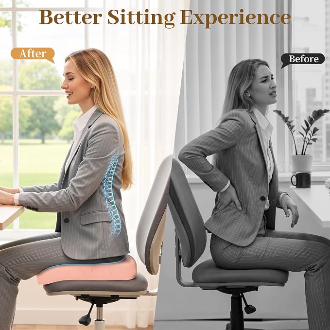 TranquilRelax XL Memory Foam Seat Cushion for Office Chair, 3.35-Inch, Pink | Medium-firm Support for Long Sitting, Washable Mesh Cover, Non-slip Base, Perfect for Car Seats & Short Drivers