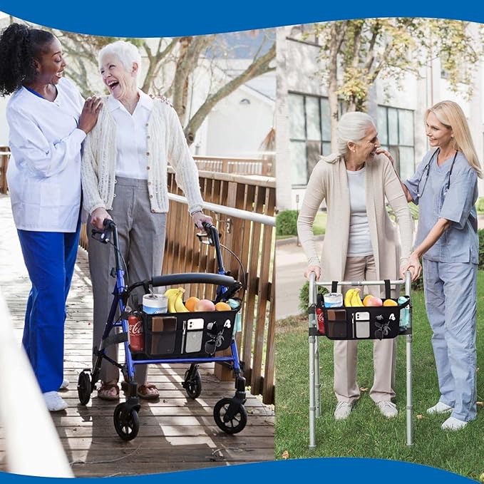 Upgrade SKLK-SEL Walker Basket Walker Bag with Cup Holder, Foldable Walker Storage Bag Rollator Accessories Bag with Big Capacity for Seniors Walker and Rollator Walker. Suitable for Most Walkers
