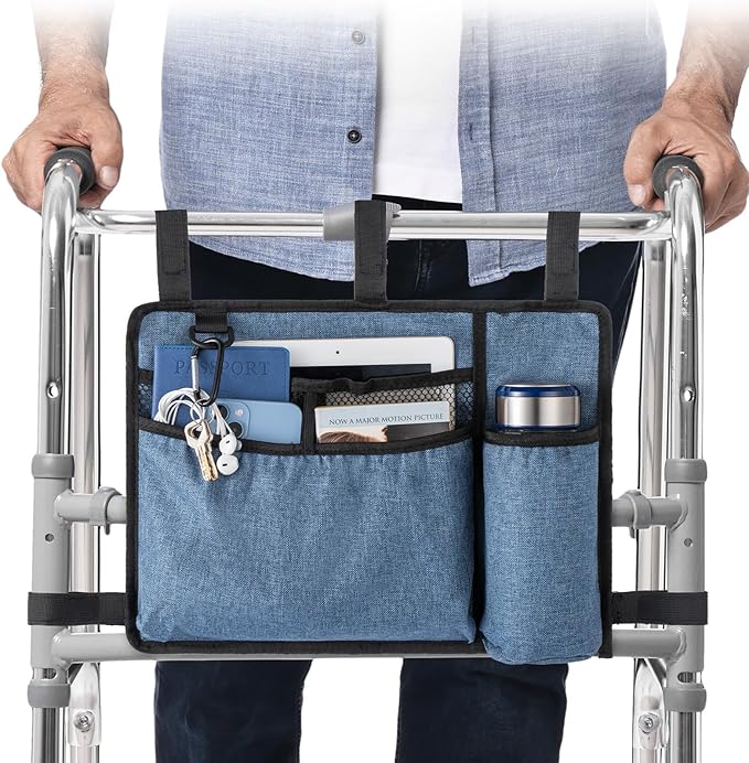 Elfzone Walker Accessory Bag - Walker Bags，Rollator Organizer Pouch for Walker Water-Resistant Armrest Accessories for Seniors, Elderly, Handicap, Blue