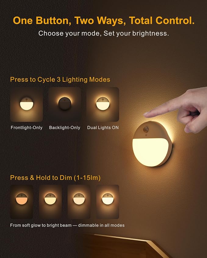 Toilet Light Motion Sensor, Battery Operated Night Light Indoor | 2 Pack, 3 Modes, Dimmable 1-15lm, Low Light No Plug, Small Wireless Stick on Light for Bathroom, Stairs, Cabinet, Warm Yellow