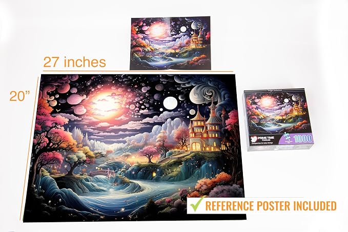 Adult Jigsaw Puzzle 1000 Piece Magic River | Twilight Enchantment design features a colorful mansion scene. — Great for game nights on a table, puzzleboard, or floor.