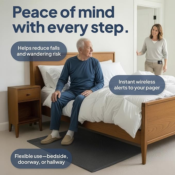 Smart Caregiver Floor Mat Alarm and Pager System - Includes Wireless Pager That Alerts When Someone Steps on The Durable 24in x 48in Floor Mat Sensor