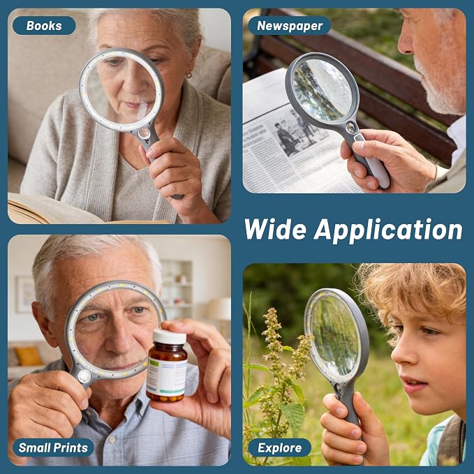 Large Magnifying Glass with Light: 5IN Lighted Handheld Illuminated Magnifier with 13 LED Lights 3 Modes, 1150mAh Rechargeable Magnifying Lens Gift for Seniors Reading Coins Close Work-Grey+White