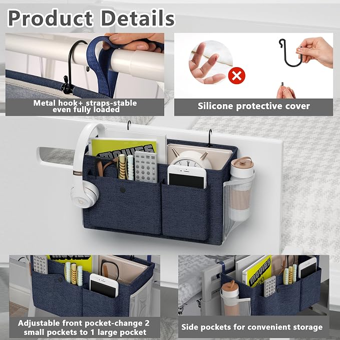 Bedside Caddy Bedside Storage Hanging Organizer for Bunk Dorm Bed Rail | Bed Caddy with Hooks, Top Bunks and Dorm Essentials for Water, Tissues, Tablets, Books, Phones, Remotes and Other Necessories