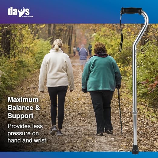 Days Standard Bariatric Offset Cane with Tall Height Adjustment, Bariatric Cane with Rubber Tip, Heavy Duty Walking Cane for Weight Bearing, Mobility Aid for Elderly, Silver with Black Handle