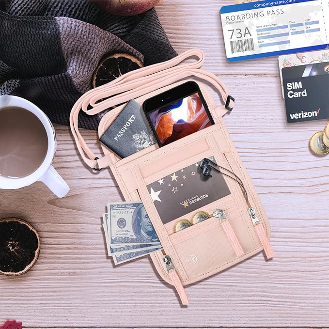 WALNEW Passport Holder Neck Pouch Travel Wallet for Women and Men, RFID Blocking Security Slim Traveling Wallet with Around Neck Lanyard Strap, Pink | Around Neck Lanyard Strap, Travel Safety Anti Theft Bag, Neck Wallet for Traveling Women