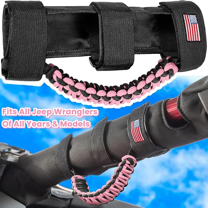 Roll Bar Grab Handles Grip Handle for Jeep Wrangler JK JKU JL JLU TJ YJ Sport Sahara Freedom Rubicon Unlimited Gladiator JT 1955-2023 UTV ATV Accessories Premium Paracord US Flag (Pink 2 Pack)