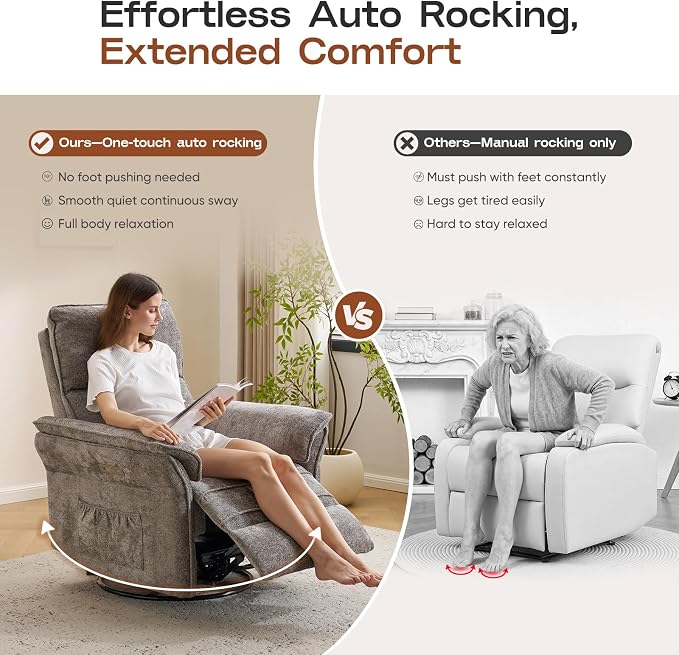 Power Nursery Recliner with Auto Rocking,Oversized Swivel Rocker Recliner with Massage and Heat,Glider Recliner Nursery Chair with Adjustable Headrest for Living Room and Bedroom,Dark Grey