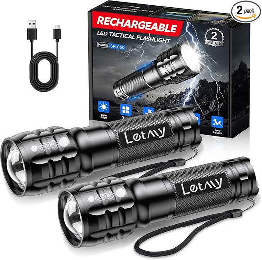 LETMY 2 Pack Rechargeable Flashlights High Lumens, 3 Modes Bright Small Flashlight for Home Tactical Flashlights Rechargeable, Zoomable LED Flashlights Waterproof for Outdoor,Camping Emergency