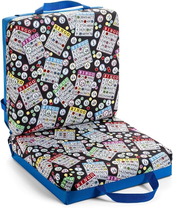 Classic Bingo Pattern Seat Cushion – Extra Thick 3” Bingo Pillow with Strap, Storage Pouch & Handles – Comfortable Folding Chair Cushion for Bingo Nights (Blue)